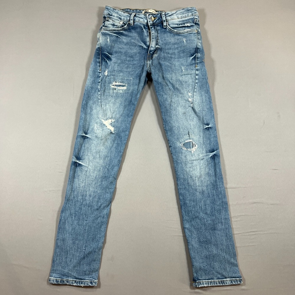 Zara Skinny Jeans Womens 30 Blue Whiskering Denim Mid Rise Light Wash Distressed